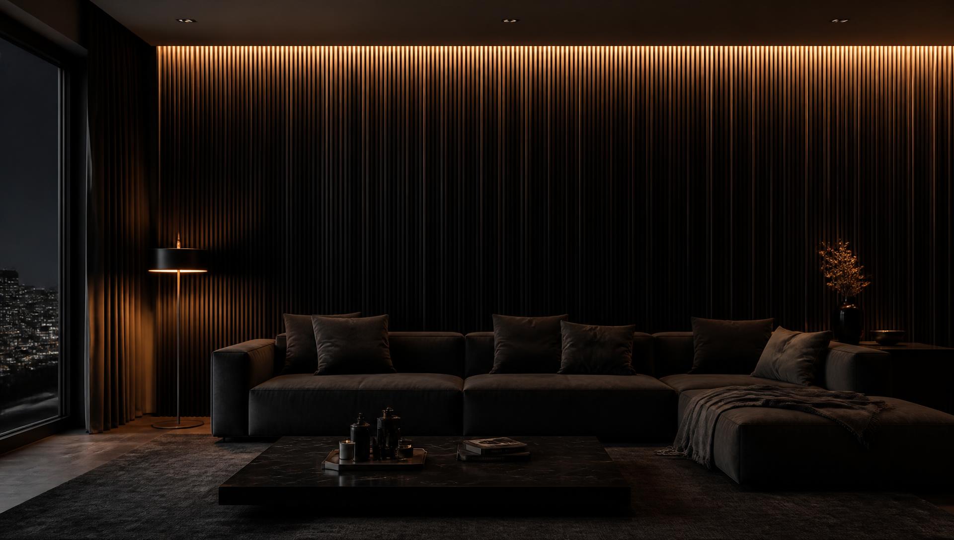 Luxe woonkamer met zwarte akoestische lattenwand en warme goudkleurige verlichting