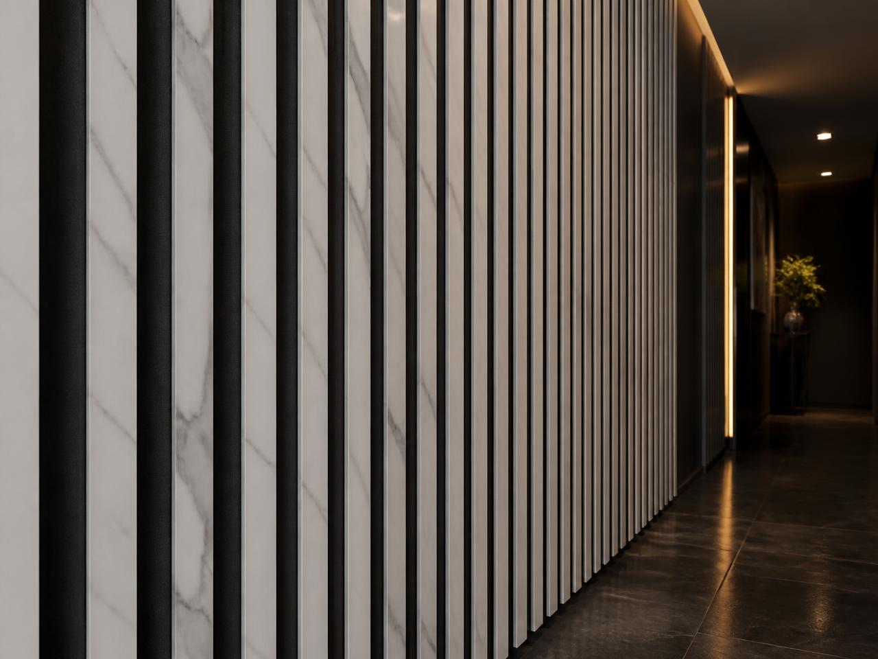 Hal met akoestische lattenwand in Marble Grain